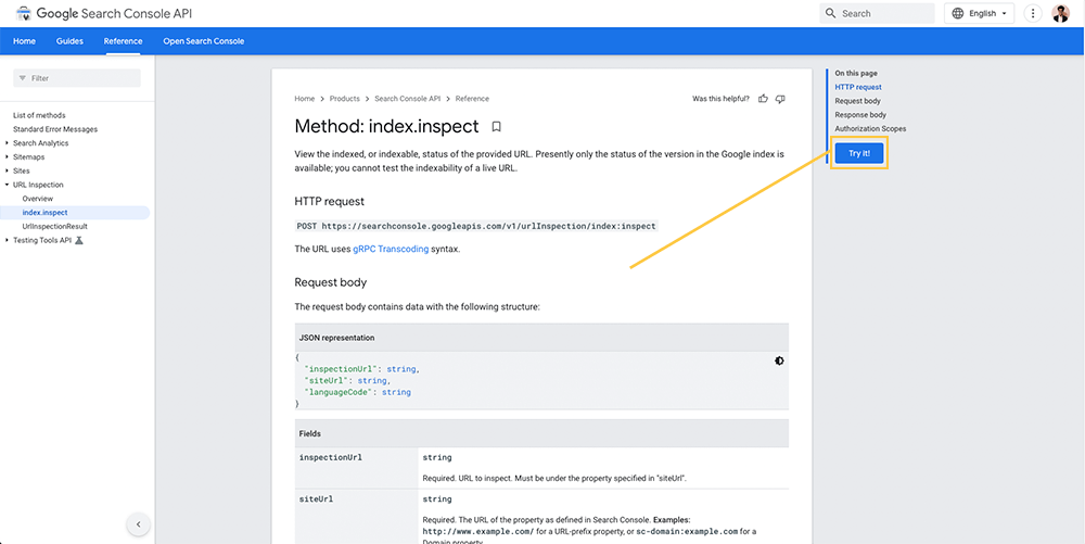 Search Console URL Inspection API trial