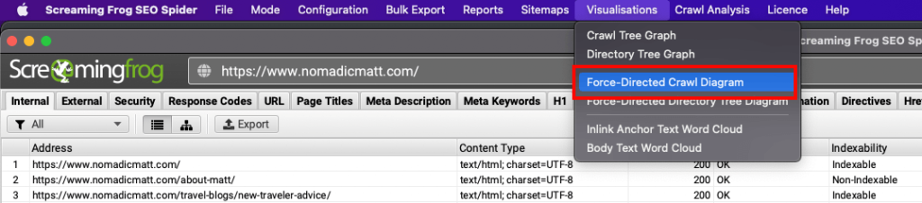 Screaming Frog Force-Directed Crawl Diagram