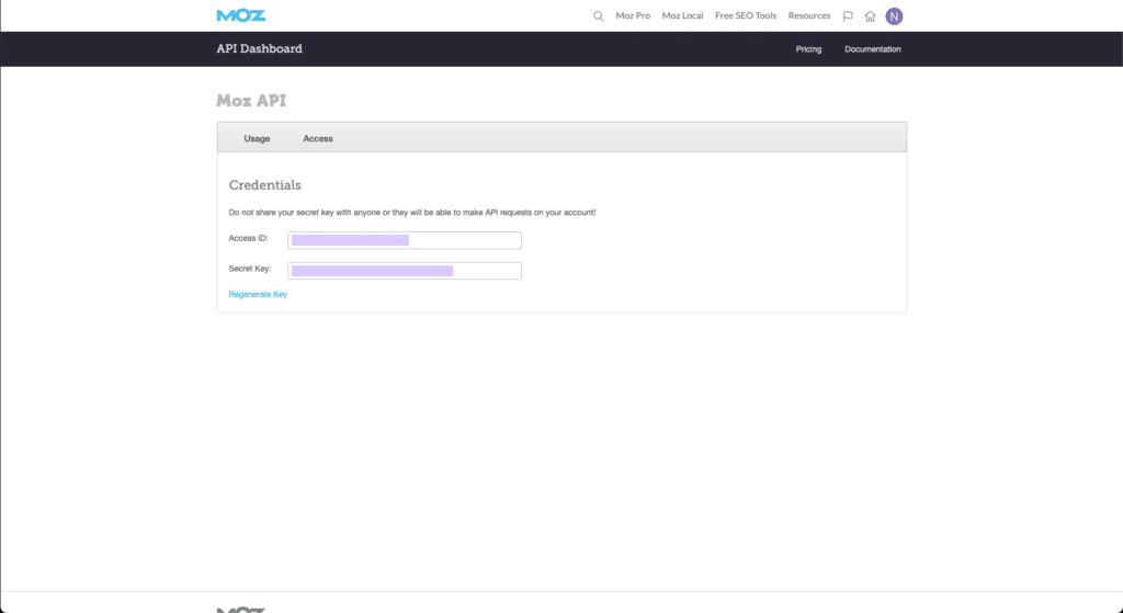 Moz API dashboard screenshot